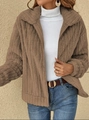 Detail shot of a fuzzy brown zip-up cardigan with lapel collar for autumn winter fashion - S / Khaki
