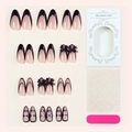 Unghie finte nere forma quadrata lunga con fiocchi e strass e set kit per manicure - Stile Fiocco Nero Strass Francese (2XB1-14079 In Scatola) / 24 Pezzi/Scatola