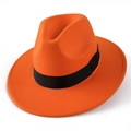 Detailed side view of an orange wool fedora hat with a black satin decorative band - M (56-58cm) / Orange