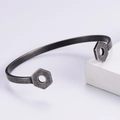 Macro detail of industrial hex nut cuff bracelet with a vintage oxidized finish - Black (AML-MS-021)