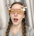 Front view of model wearing cartoon reindeer Christmas party glasses with brown frame - Two Deer Heads