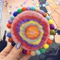 Rainbow circle wool felt stone heat insulation pad with colorful handmade wool balls - Pink Base (Random Colored Circles)