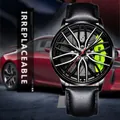 Racing style watch featuring black wheel rim dial with neon green brake calipers - T38 Black Leather Band Green Wheel