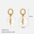 Detail of gold snake earrings with white shell pendant showing 30mm height and 16mm diameter - 18K Gold Vacuum Plated