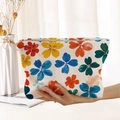 White corduroy cosmetic bag with colorful floral prints and a golden zipper detail - White Multicolor Large Floral (MZ050820)