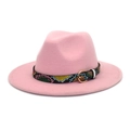 Detailed side view of pink wool fedora hat featuring a colored snakeskin band and gold buckle - M (56-58cm) / Pink