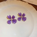 Vintage style purple flower stud earrings with gold trim and white pearl center - Purple Pearl Vintage Disc Silver Needle Style (32#)