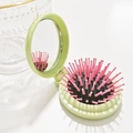 Portable folding hair brush with mirror in light green and pink contrast colors - Green + Red