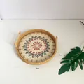 Handwoven rattan round tray with mosaic floral inlay and wood handles, 28cm diameter - Heart Flower / Large 28x3cm