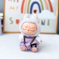 Labubu doll outfit featuring white bunny hood and purple overalls in detailed view - Crown Belt Overalls Set (purple) / First And Second Generation Keychains Are Compatible With La Cloth Dolls. Dolls Not Included.