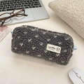 Grey plush pencil case with polka dots and puppy tag for school stationery storage - Grey (Polka Dot)