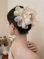 Elegant cream white layered tulle flower hair clip with pearl center for women - Mesh Pearl Claw / Apricot
