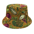 Détail de l'imprimé motifs légumes créatifs sur chapeau bob en coton marron olive - M (56-58cm) / Jaune Terre