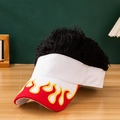 White visor hat featuring red flame embroidery and integrated curly black synthetic wig hair - White + Black Hair