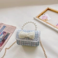 Kids' tweed crossbody bag in light blue and pink with pearl handle and bow accent - Bow Blue