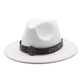 White wool felt fedora hat with brown leather rivet band and vintage floral buckle - L (58-60cm) / White
