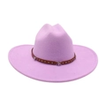 Pink wool western cowboy hat featuring brown leather band with silver star studs - One Size / Taro Purple