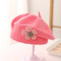 Close-up of pink knit beret featuring a 3D flower detail and soft wool texture - 3-48 Months / Watermelon red