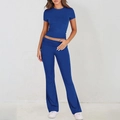 Women's casual slim-fit two-piece set featuring short-sleeved top and flared pants in blue - XS / Blue