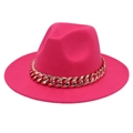Detail of rose pink wool felt fedora hat with chunky gold acrylic chain decoration - Rose Red