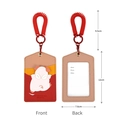 Pink pig cartoon PU leather ID card holder with red coiled lanyard and clear window - Escaped Pig / Red and Yellow