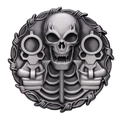 Gothic punk silver skull badge with handguns and barbed wire relief design - Dual Handgun Barbed Wire Skull Style