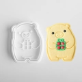 Teddy bear shaped cookie mold with 3D press design and a finished gift box pattern cookie - Bear Giving Gift