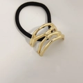 Minimalist gold wavy hollow metal hair tie with black elastic band for high ponytail style - Glossy Line Gold