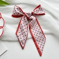 Floral print hair ribbon in red and cream silk-like fabric with long bow tails - Red Small Floral