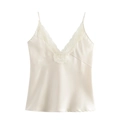 Detail of V-neck lace trim and silky satin fabric on cream white camisole top - XS / Milky White