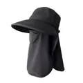 Black UPF 50+ sun hat with wide brim, breathable face mask and long neck protection flap - 360 Full Coverage Sun Protection / Black