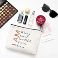 Inspirational letter print canvas cosmetic bag with zipper and premium makeup accessories - 25×18cm Style E (strong loved beautiful fierce)