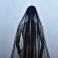 Detailed view of long black tulle wedding veil with floor-length cathedral train style - 100cm / Black