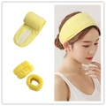 Detailed view of yellow microfiber headband and wristbands for skincare and washing face - Headband + 2 Wristbands Set / Yellow