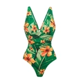 Detail of green one-piece swimsuit featuring tropical hibiscus prints and V-neckline pleats - S / Green Floral Swimsuit