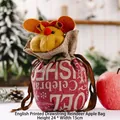 Christmas reindeer drawstring gift bag in burgundy linen with dimensions 24x15cm - English Print Drawstring Apple Bag Reindeer