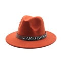 Close-up of the caramel wool felt hat with beaded leather band and turquoise accents - Brick Red