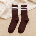 Dark brown cotton mid-calf socks with white stripes and ribbed knit texture - One Size / Brown