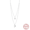 S925 sterling silver layered necklace featuring star and moon pendants in silver finish - 925 Silver / Silver Star Moon Layered Rhinestone Style