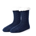 Detailed close-up of dark blue knit slipper socks with thick white faux shearling lining - One Size / Navy Blue Cable Knit