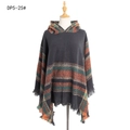 Dark grey knit hooded poncho with orange and green stripes and fringe detail - Dark Gray