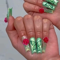 Extra long square press-on nails with green gradient, butterfly art and 3D red roses - 3D Red Rose Butterfly Style (SGCY-561) / Glue Type