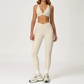 Two-piece cream beige yoga set with cross waist leggings and racerback sports bra - 2044 Bra + 2030-1 Pants - Oatmeal Beige