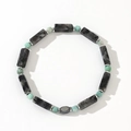 Mens bracelet with black spotted stones, turquoise beads and silver metal spacers - Black Spotted Rectangle Green Round Bead Bracelet (B-B24061106A)