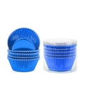 Metallic blue aluminum foil cupcake liners in a transparent protective cylinder - Aluminum Foil Liner / Blue