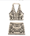 Beige two-piece set with black embroidery featuring halter top and mini skirt - S / Embroidered 2-Piece Set