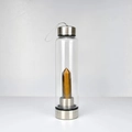 Glass water bottle with tiger eye crystal energy pillar and metal lid and base - Tiger Eye Stone Bottle