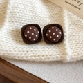 Brown polka dot square stud earrings with flocked trim on cozy knit background - 49# Silver Needle-Coffee-Rhombic (Brown Polka Dot Flocking Square)