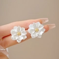 Elegant white 3D floral stud earrings with gold center details and silk-like texture - No.40 Satin Texture White Flower (XXX6881)