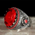 Vintage silver men ring featuring a large oval red ruby gemstone and floral engravings - US 7 / Red (AJZ1800)
